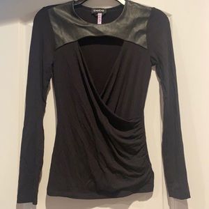 Black Bebe Top; Light material w faux leather trim